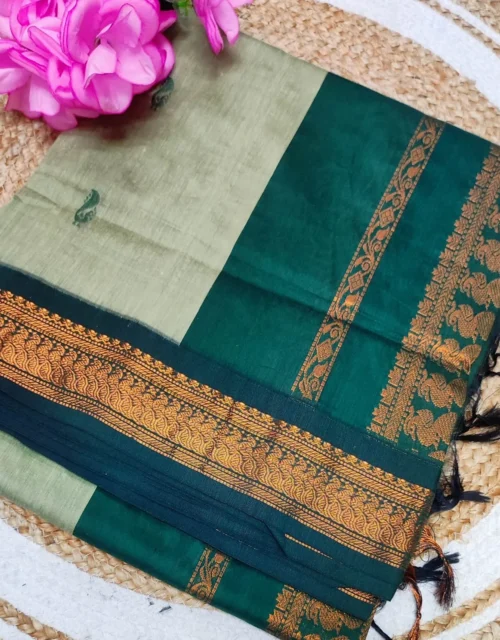 Kalyani Cotton Korvai  Border Saree With Rich Pallu & Blouse Contrast - Mint Green with Dark Green Border