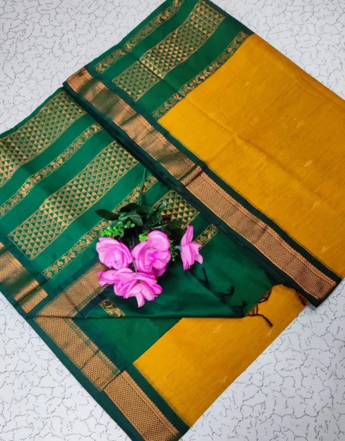Kalyani Cotton Korvai  Border Saree With Rich Pallu & Blouse Contrast - Mustard Yellow with Dark Green Border