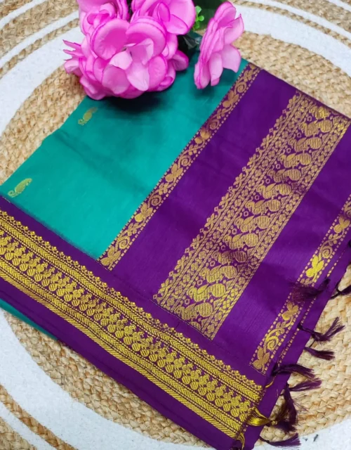 Kalyani Cotton Korvai  Border Saree With Rich Pallu & Blouse Contrast - turquoise green with deep purple border