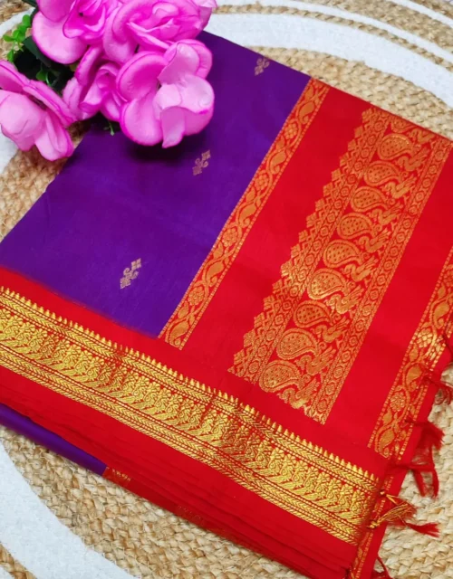 Kalyani Cotton Korvai  Border Saree With Rich Pallu & Blouse Contrast - Royal Purple with Red Border