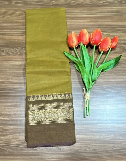 Kanchi Cotton with Zari Border without Blouse - Mustard Yellow with Brown Border