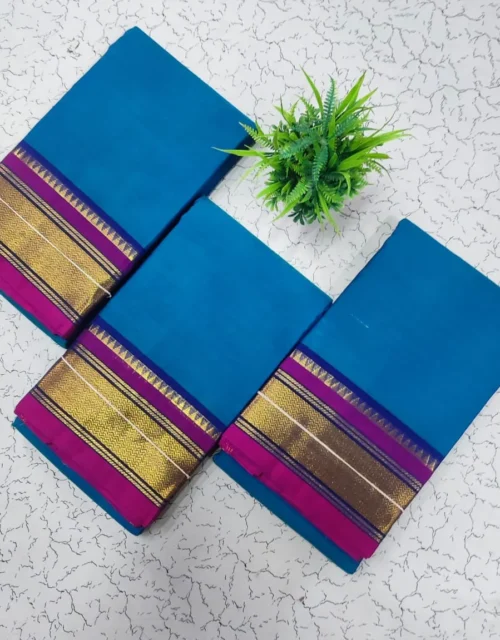 Kanchi Cotton with Zari Border without Blouse - Peacock Blue with Pink