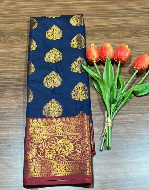 Kanchipuram Soft Silk with Jakkad Blouse - Navy Blue with Reddish Orange Border