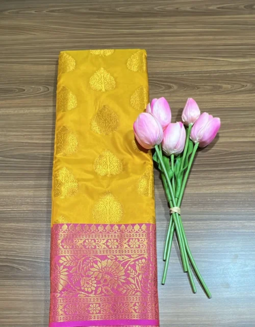 Kanchipuram Soft Silk with Jakkad Blouse - Bright Yellow with Pink Border