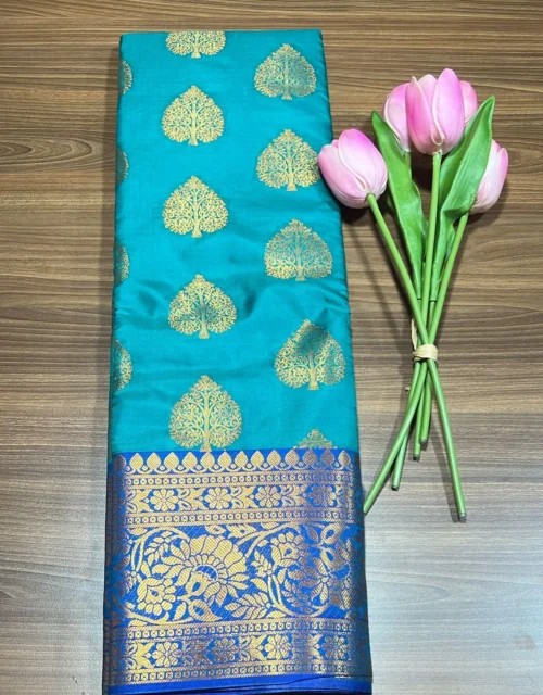 Kanchipuram Soft Silk with Jakkad Blouse - Turquoise Blue with Blue Border