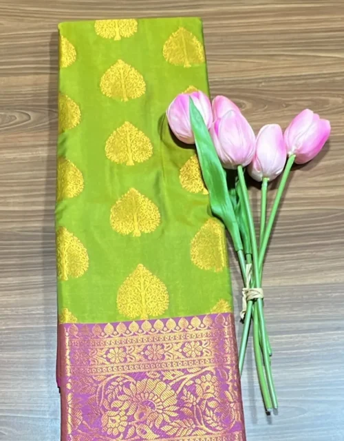 Kanchipuram Soft Silk with Jakkad Blouse - Bright Parrot Green with Pink Border