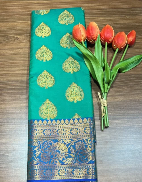 Kanchipuram Soft Silk with Jakkad Blouse - Sea Green with Royal Blue Border