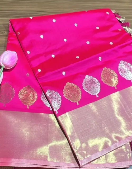 Rani Pink Soft Silk Raw Mango Boota Saree with  & Tissue Blouse