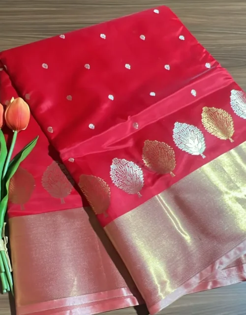 Vermilion Red Soft Silk Raw Mango Boota Saree with  & Tissue Blouse