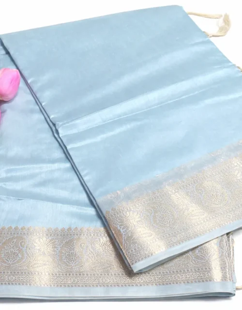 Powder Blue Chanderi Cotton Saree with Elegant Silver Zari Border