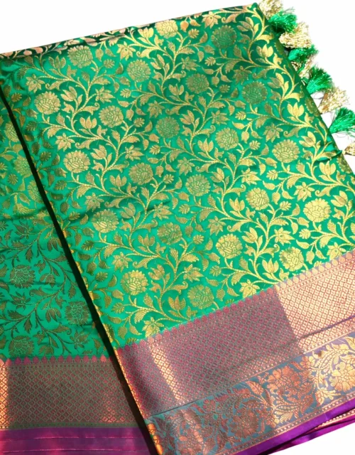 Emerald Green Soft Silk Kanjeevaram Banarasi Saree with Royal Pink Zari Border
