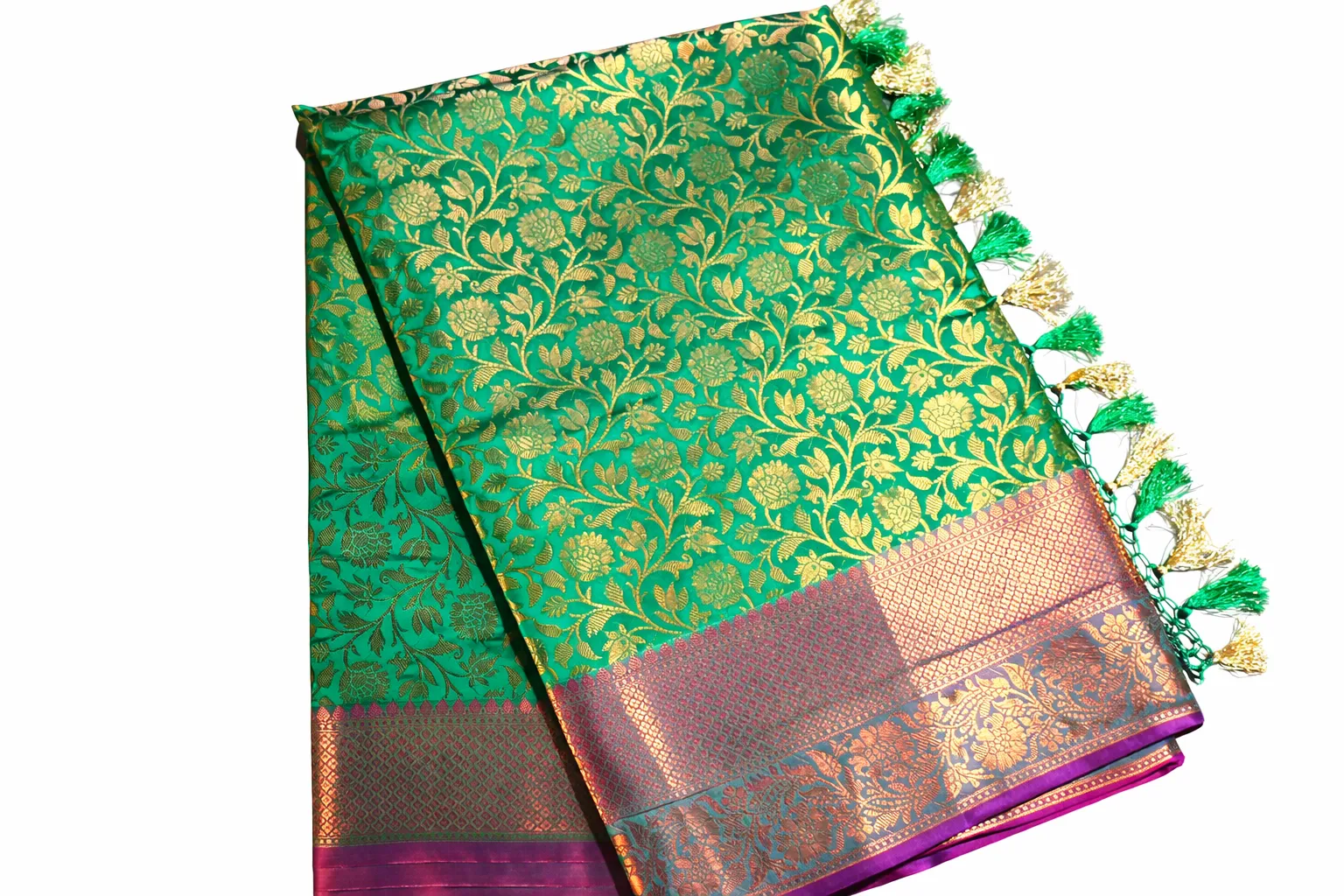 Emerald Green Soft Silk Kanjeevaram Banarasi Saree with Royal Pink Zari Border