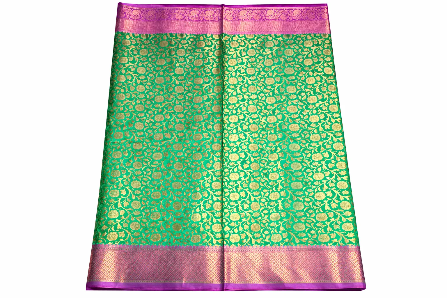 Emerald Green Soft Silk Kanjeevaram Banarasi Saree with Royal Pink Zari Border - Image 3