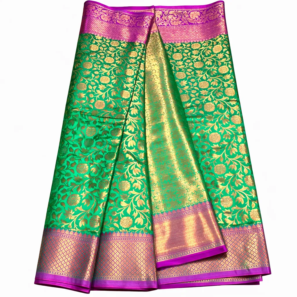 Emerald Green Soft Silk Kanjeevaram Banarasi Saree with Royal Pink Zari Border - Image 4