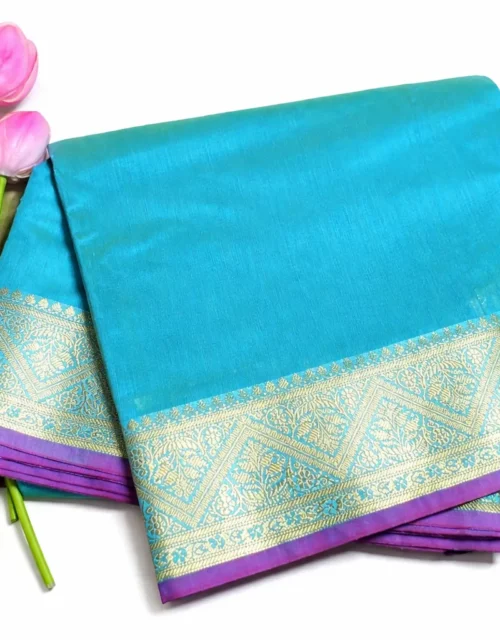 Turquoise Blue Chanderi Cotton Saree with Gold Zari Border & Contrast Purple Edge